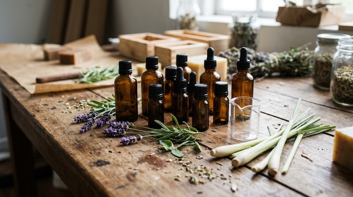 Essential oils used for handmade soap making, including lavender and lemongrass.