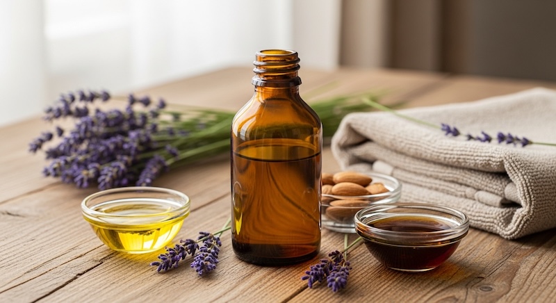 Homemade bath and massage oil in amber glass bottle with grapeseed, sweet almond, and jojoba oils on rustic wooden table.