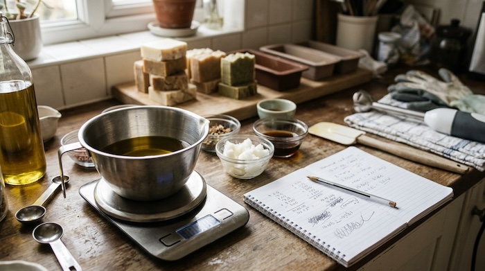 Measuring soap making oils by weight to calculate the cost of a homemade soap batch.