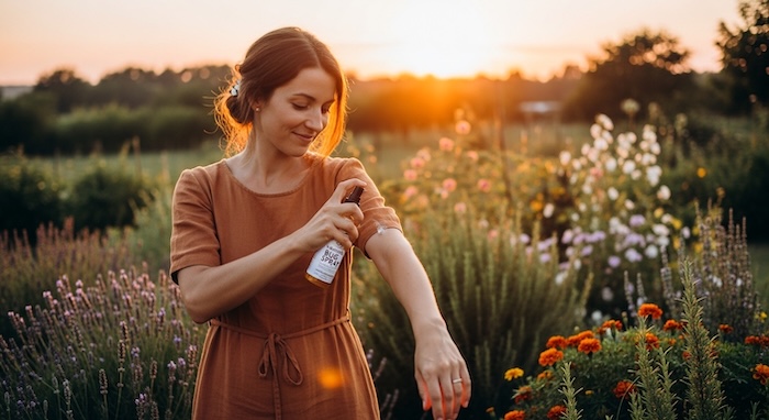 women spraying natural but repellent on skin