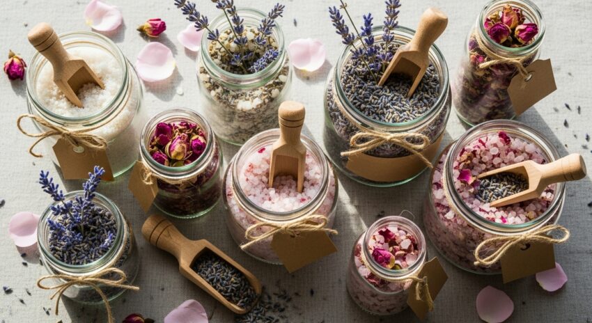 Homemade bath salt recipes with Epsom salt, sea salt, and dried flowers