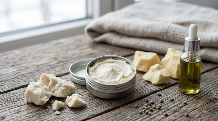 Homemade hemp body butter in a metal tin with natural ingredients.