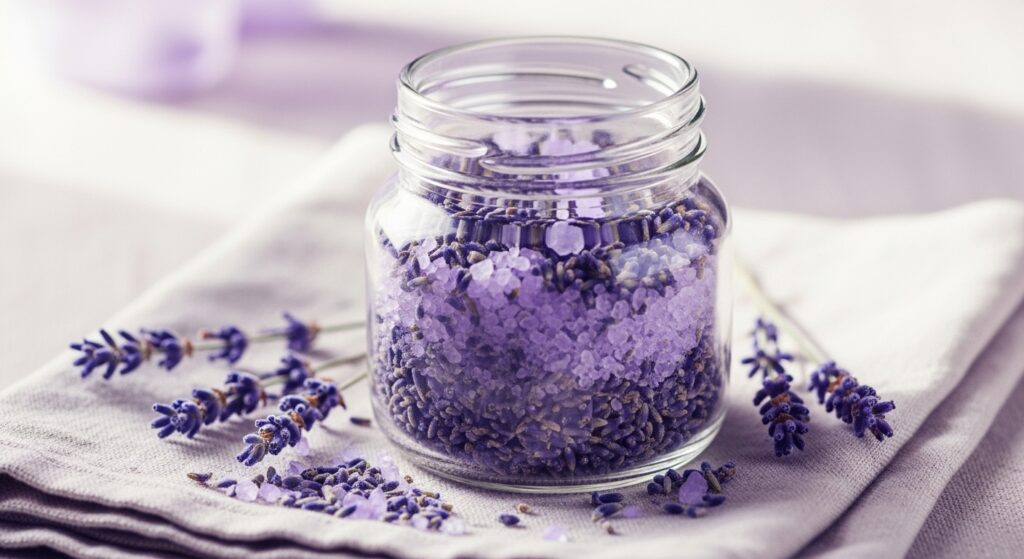 Lavender bath salts made with dried lavender and essential oil