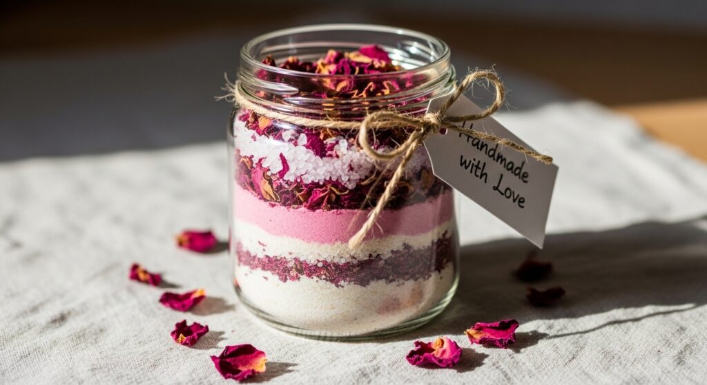Rose scented bath salts with pink clay and dried rose petals