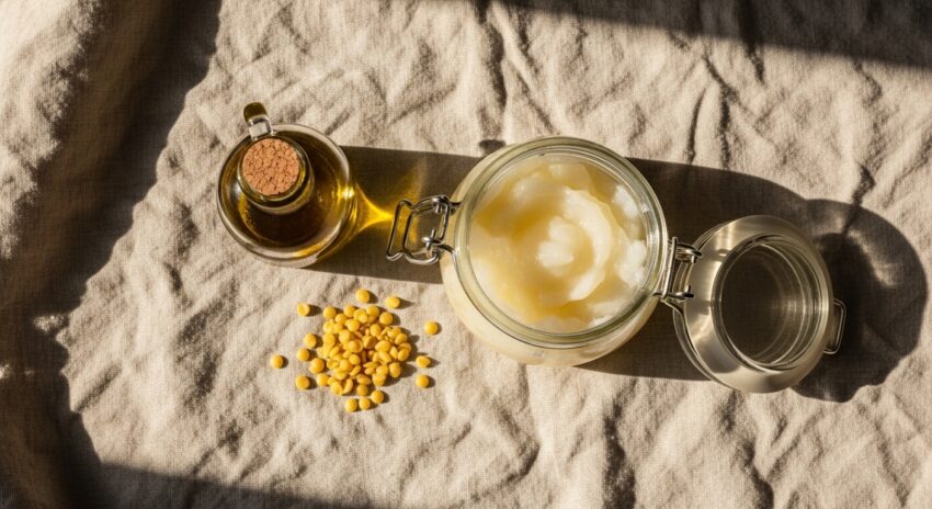 Natural petroleum-free baby jelly made with olive oil and beeswax in a glass jar