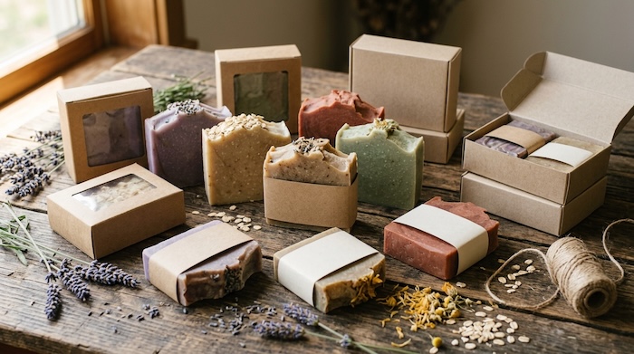 Handmade soap packaging ideas featuring kraft boxes, window boxes, and paper labels.