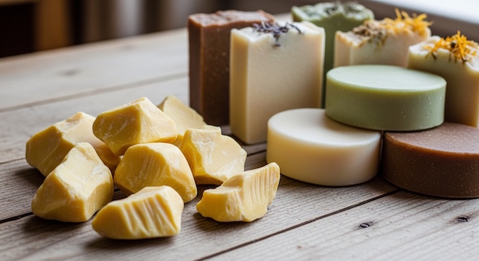 Cocoa butter chunks and handmade soap bars showing cocoa butter benefits for skin and soap making