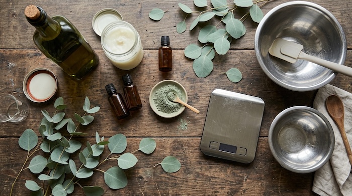 Ingredients for making tea tree and eucalyptus cold process soap, including oils, essential oils and green oxide.