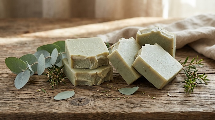 Handmade tea tree and eucalyptus cold process soap bars with a soft green colour.