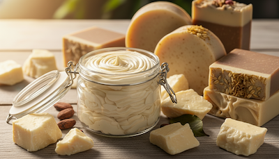 Cocoa butter chunks and handmade soap bars showing cocoa butter benefits for skin and soap making