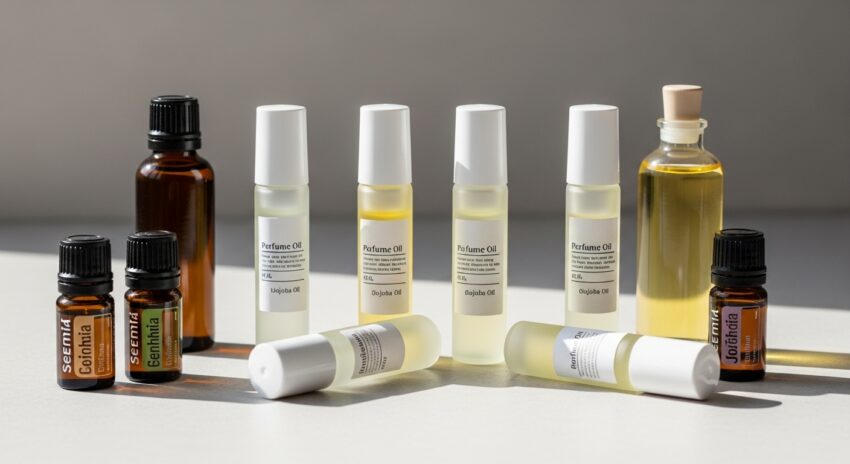 Handmade roll-on perfume oils in frosted glass bottles made with essential oils and jojoba oil