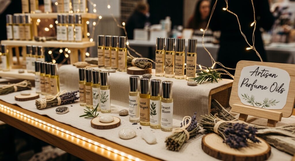 Handmade perfume oil display at a craft fair