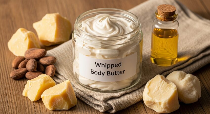 Homemade whipped body butter made with cocoa butter and jojoba oil