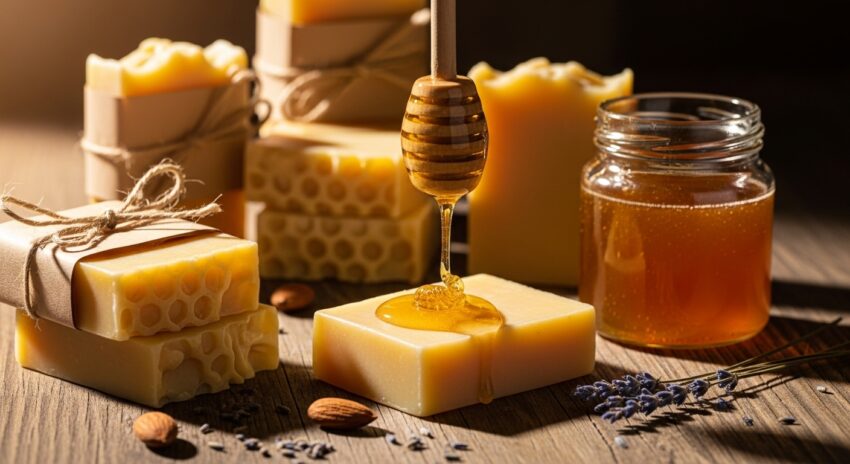 Handmade soap bars made with honey on a rustic surface