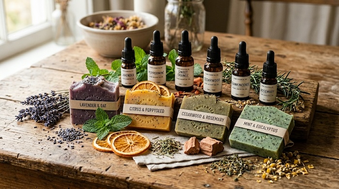 Best essential oils for soap making displayed with handmade cold process soap bars, lavender, peppermint, citrus, and cedarwood botanicals.