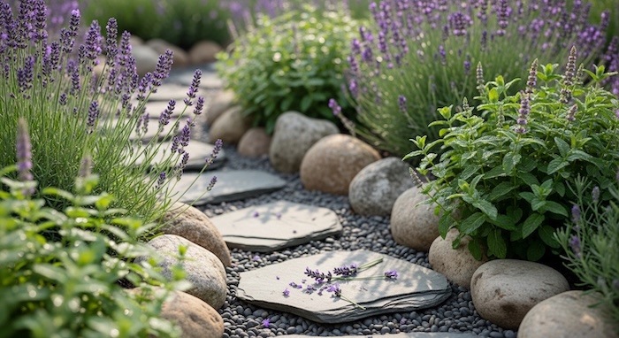 garden stepping stones and lavender