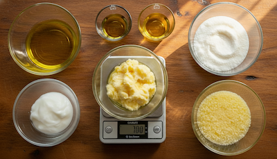 Soap making oils measured on digital scale for balanced cold process soap recipe