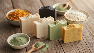 Natural soap additives including calendula, charcoal, and clay for handmade soap recipes
