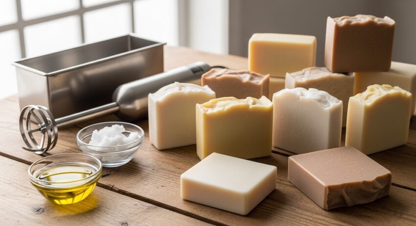 Handmade cold process soap bars with olive oil and coconut oil for soap making recipes guide