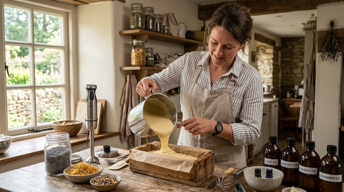 women pouring soap batter into a mold