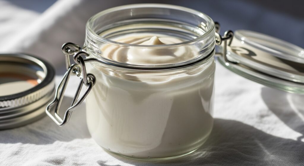 Whipped homemade baby lotion stored in a glass jar