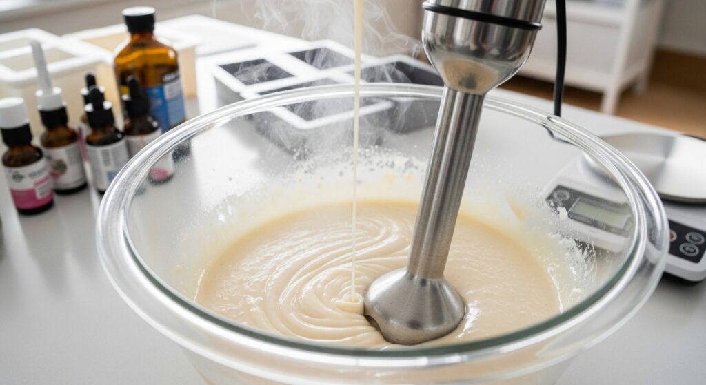 Mixing cold process oatmeal honey soap batter to light trace