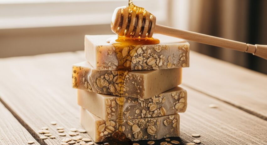 Handmade oatmeal honey soap bars made with natural oats and raw honey