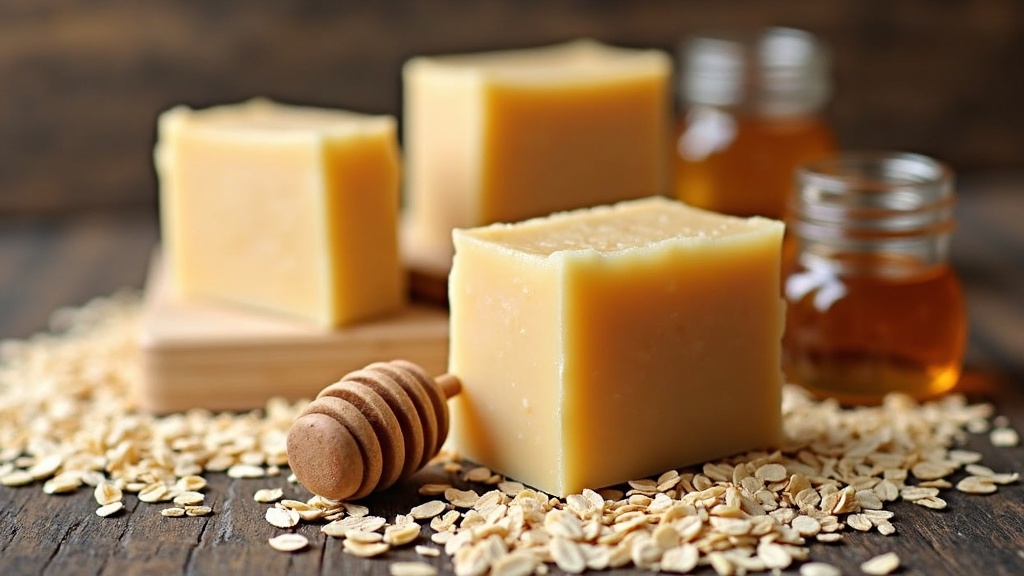 Handcrafted oatmeal honey soap bars with rolled oats and honey dipper