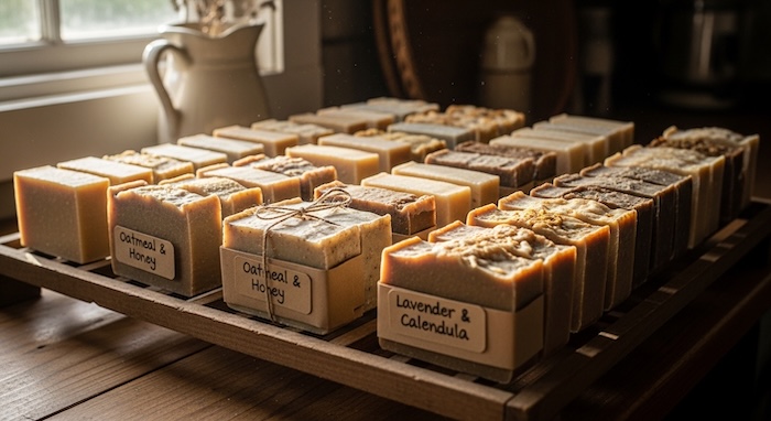 natural soap curing on a rack