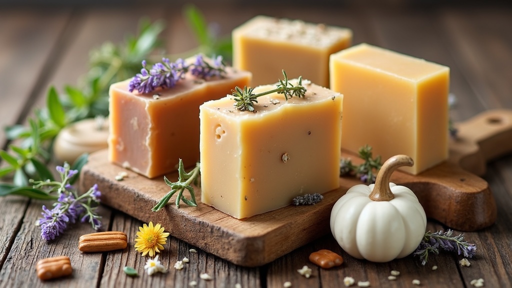 Handmade natural soap bars with dried herbs, wooden background, eco-friendly soap ingredients