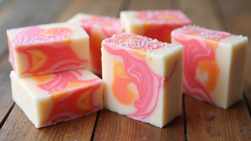 Natural swirled cold process soap bars on a rustic surface.