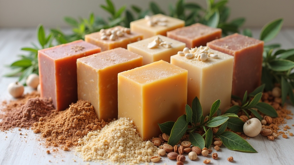 Handmade soap bars in natural earthy colors, surrounded by raw botanicals, herbs, and mineral powders