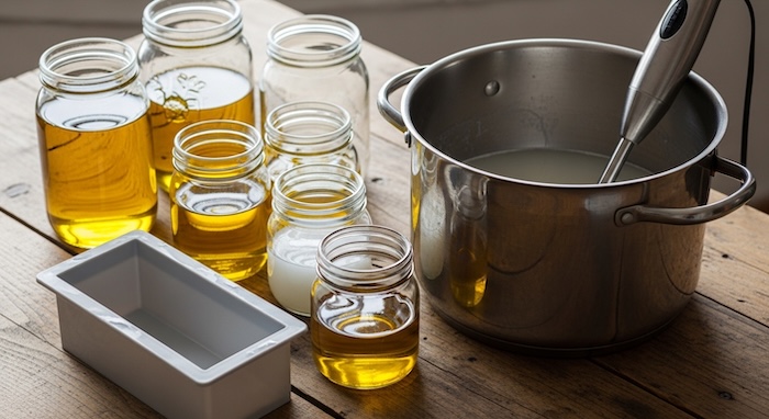 soap making supplies on tale with pot and molds