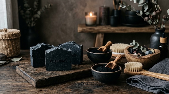black charcoal in bowls beside charcoal soap and brushes