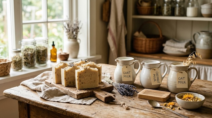 handmade goat milk soap on table in cabin