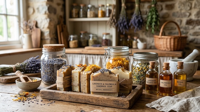 Herbal soap and herbs in jars in off grid home