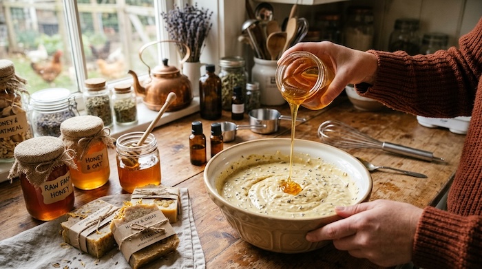Honey being added to soap batter