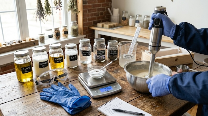 making soap with gloves, mask and stick blender
