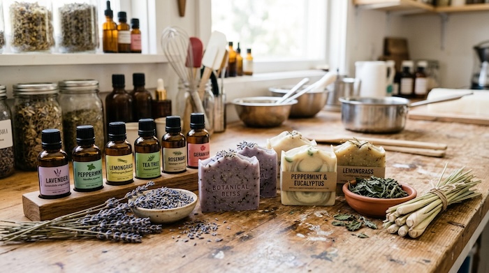 essential oil bottles and soap