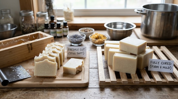 Freshly cut soap bars compared to fully cured handmade soap bars.