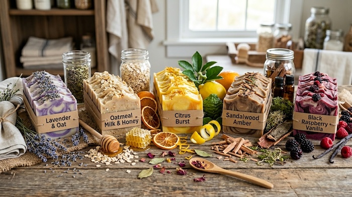 Best selling handmade soap scents including lavender, oatmeal milk and honey, citrus, sandalwood, and black raspberry vanilla.