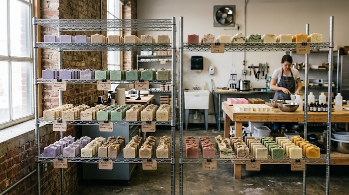 Wire shelving used for curing handmade soap with proper airflow.