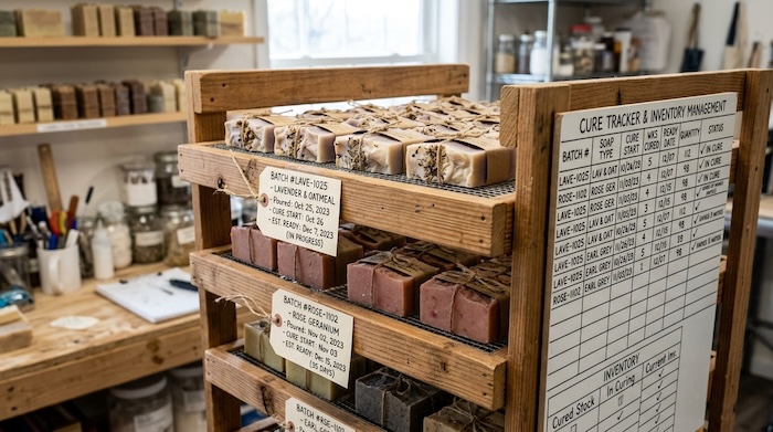 Soap maker tracking cure dates and recipes in a soap making batch log.