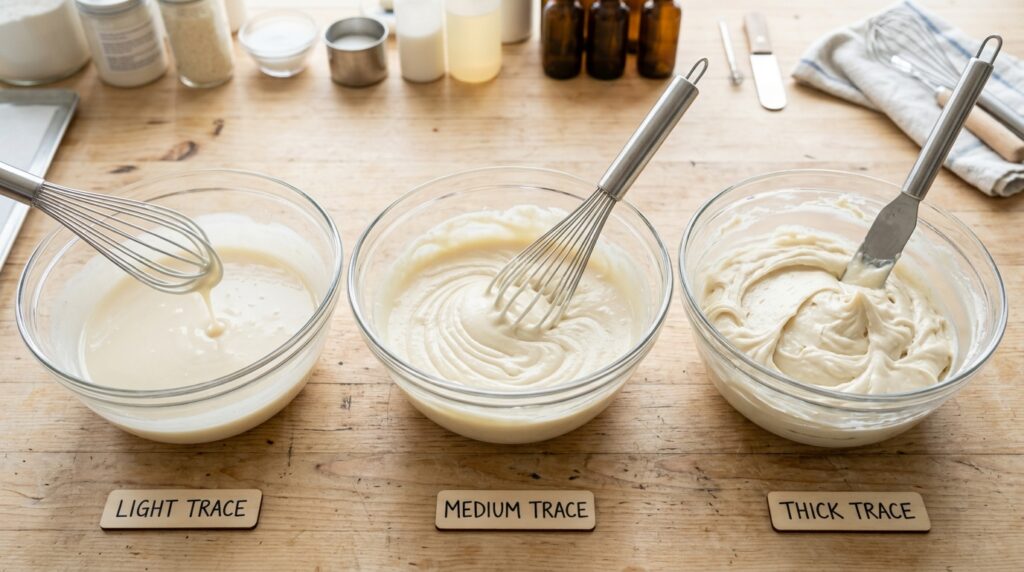 Comparison of light, medium, and thick trace in soap making.