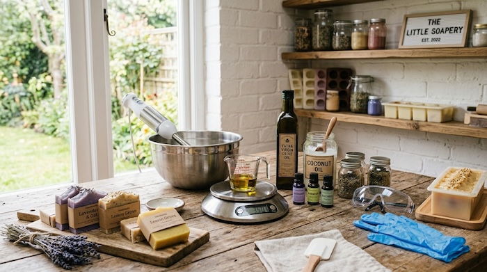 Beginner soap making supplies and handmade soap bars arranged on a wooden table.
