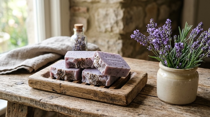 lavender soap on a wooden soap dish 