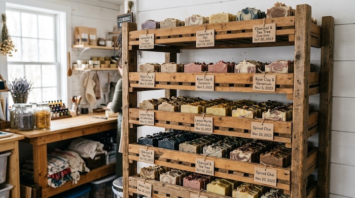 Handmade cold process soap bars curing on a wooden rack during the soap curing process.